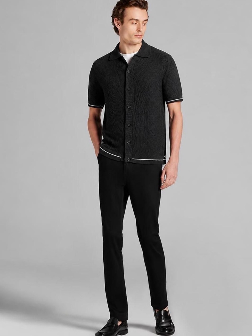 Kenneth Cole Black KnitShort Sleeve Button Front Seeater Shirt Polo Cardigan L